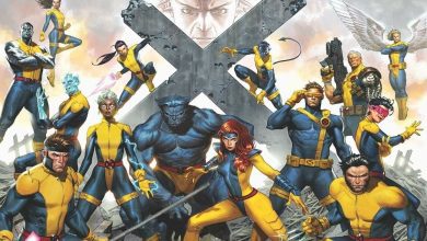 Classic X-Men team with Cyclops, Jean Grey, Wolverine, Storm, and Beast in their original costumes.