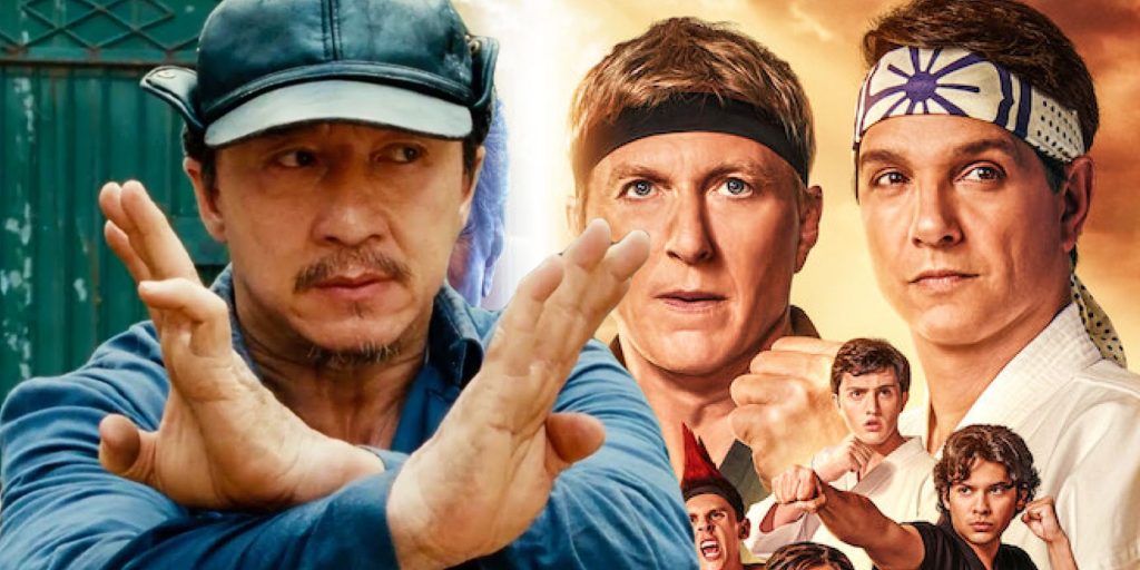 Jackie Chan in a martial arts stance alongside a poster of William Zabka and Ralph Macchio from Cobra Kai, with younger martial artists shown in the foreground, preparing for action.