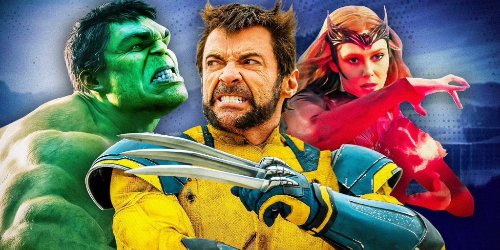 Wolverine from X-Men, Hulk, and Scarlet Witch ready for battle in an epic MCU crossover.