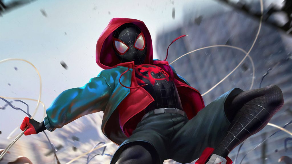 Miles Morales, in his iconic Spider-Man suit, swings through the city wearing a red hoodie over his black and red Spider-Man costume, his web-shooters in action as he navigates through the urban landscape. Will we see him in Spider-Man 4?