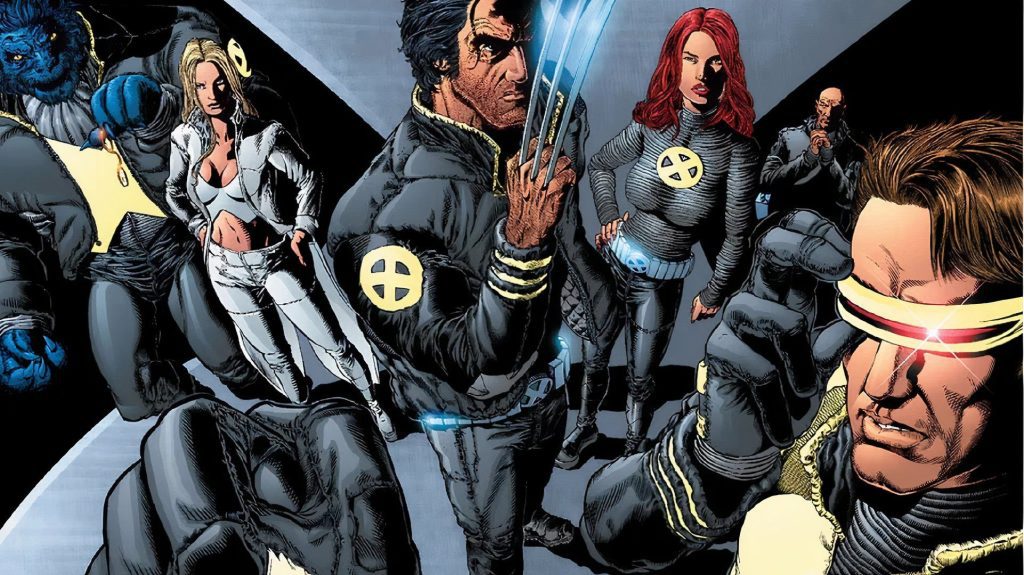 The New X-Men team featuring Wolverine, Cyclops, and Emma Frost in modern black-and-white costumes.