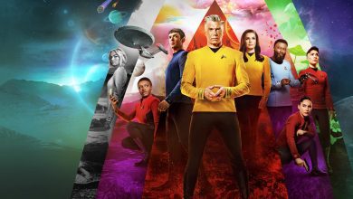 "Star Trek: Strange New Worlds main cast, featuring Captain Pike and the Enterprise crew in colorful uniforms, standing against a vibrant, multi-colored backdrop representing space exploration."