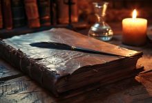 Vintage leather-bound book on a wooden table illuminated by candlelight."