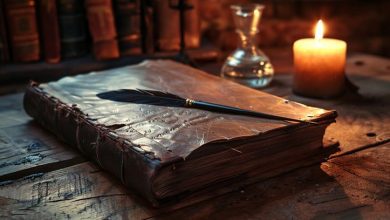 Vintage leather-bound book on a wooden table illuminated by candlelight."